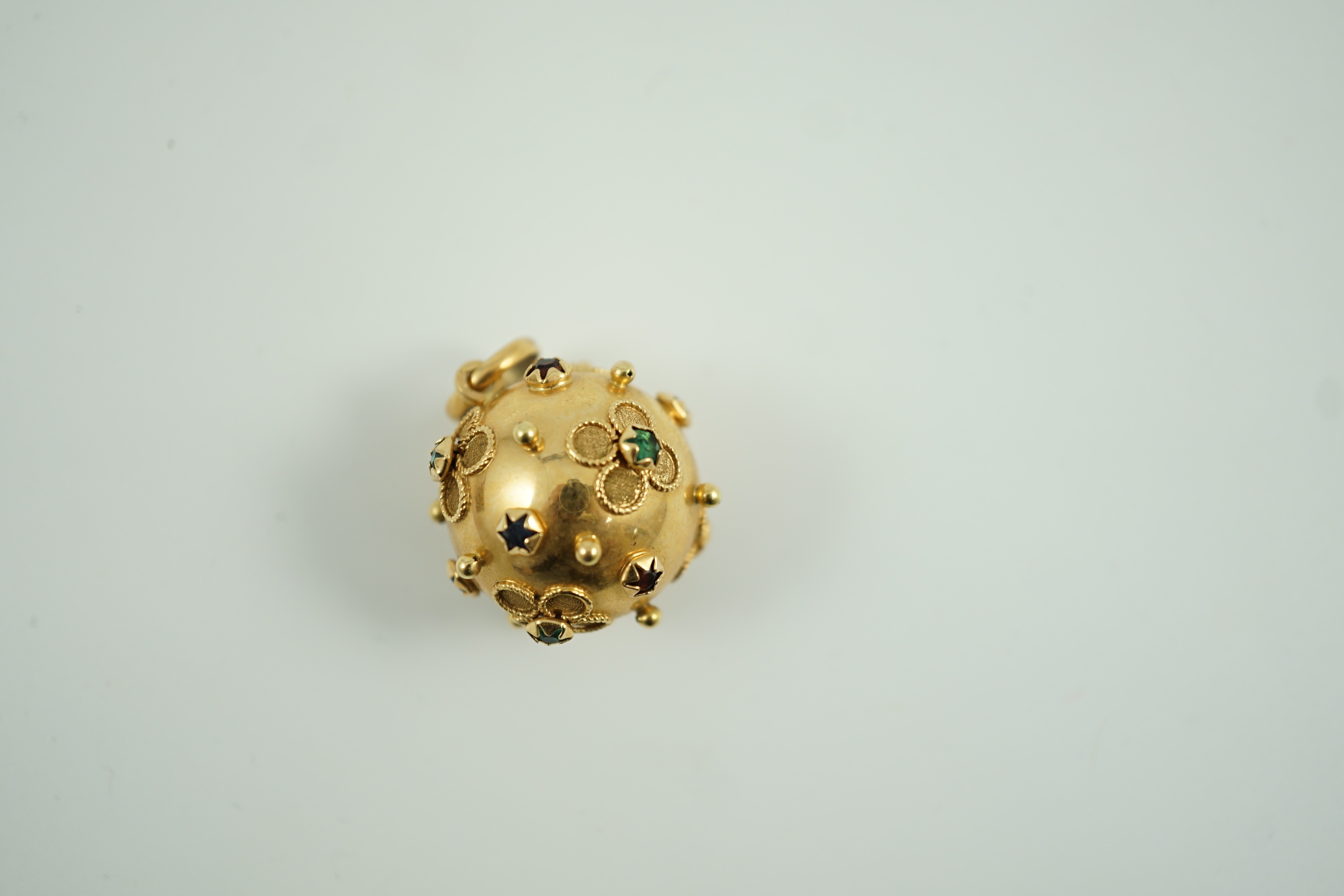 A modern Italian 750 yellow metal and gem set globular pendant, 26mm, gross weight 8.1 grams.